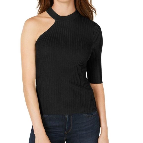NWOT  BAR III‎ Women's Black One Shoulder Ribbed  Top Medium - Picture 1 of 6